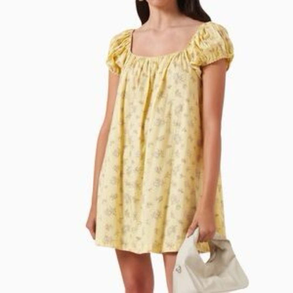 Doen Yellow Floral Puff-Sleeve Mini Dress